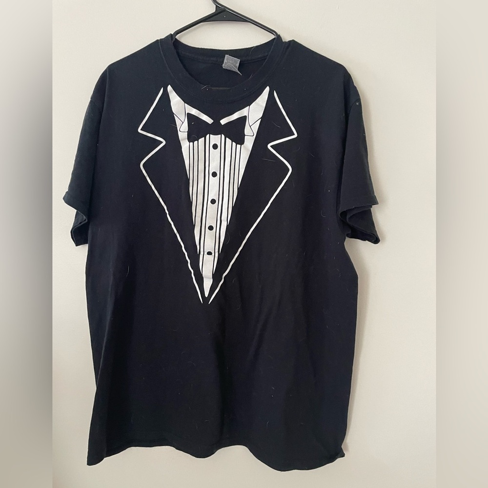 Gildan Black Tee with White Tuxedo Graphic